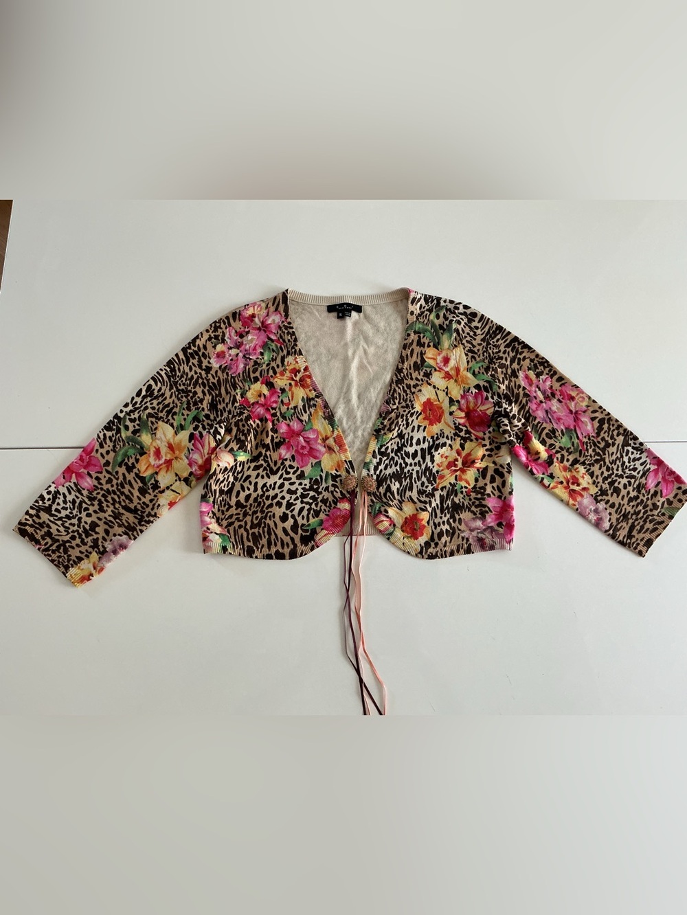 VTG ECI NEW YORK XL Cropped Floral Leopard Tie-Front Cardigan in Multicolor